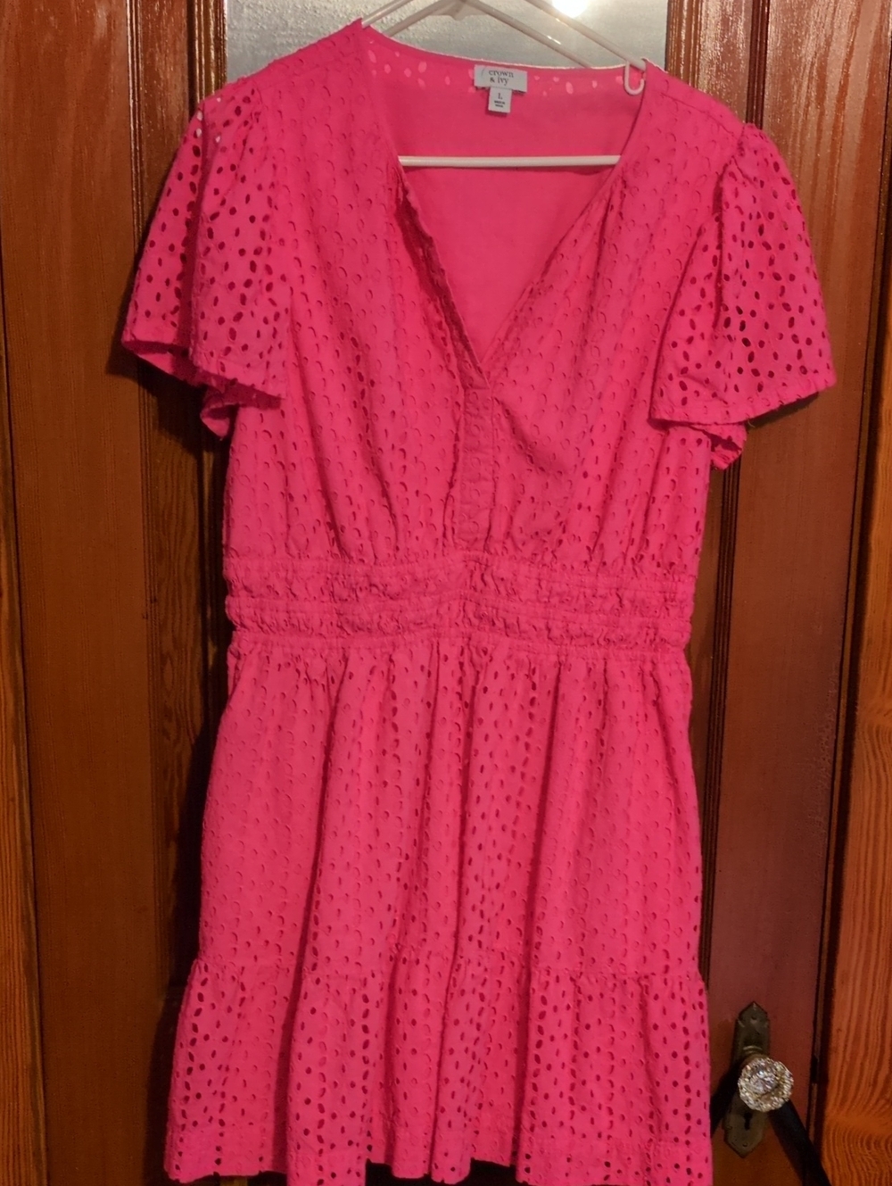 crown & ivy Hot Pink Eyelet V-Neck Summer Dress